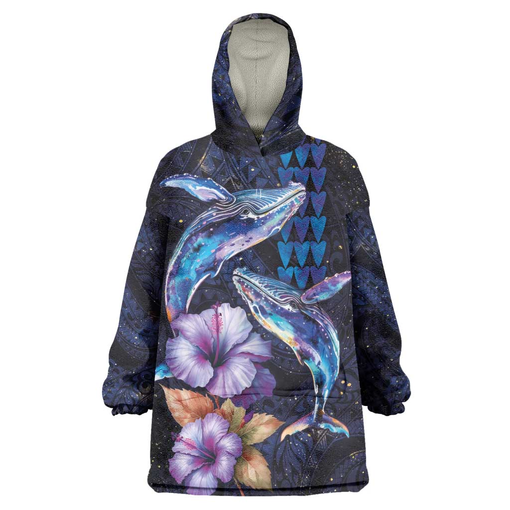 Hawaiian Whales Love Couple Wearable Blanket Hoodie Hibiscus and Kakau Art Tattoo Night Sky Vibe LT03 One Size Navy - Polynesian Pride