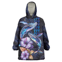 Hawaiian Whales Love Couple Wearable Blanket Hoodie Hibiscus and Kakau Art Tattoo Night Sky Vibe LT03 One Size Navy - Polynesian Pride