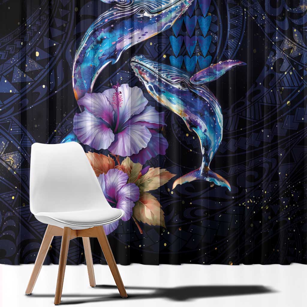 Hawaiian Whales Love Couple Window Curtain Hibiscus and Kakau Art Tattoo Night Sky Vibe LT03 - Polynesian Pride