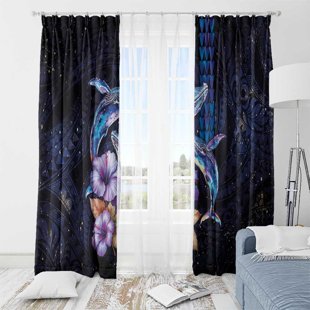 Hawaiian Whales Love Couple Window Curtain Hibiscus and Kakau Art Tattoo Night Sky Vibe LT03 - Polynesian Pride