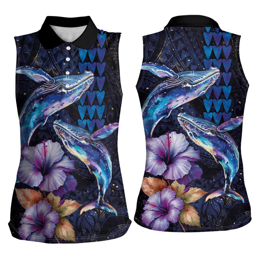 Hawaiian Whales Love Couple Women Sleeveless Polo Shirt Hibiscus and Kakau Art Tattoo Night Sky Vibe LT03 - Polynesian Pride