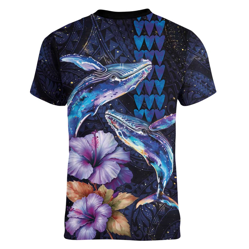Hawaiian Whales Love Couple Women V-Neck T-Shirt Hibiscus and Kakau Art Tattoo Night Sky Vibe LT03 - Polynesian Pride