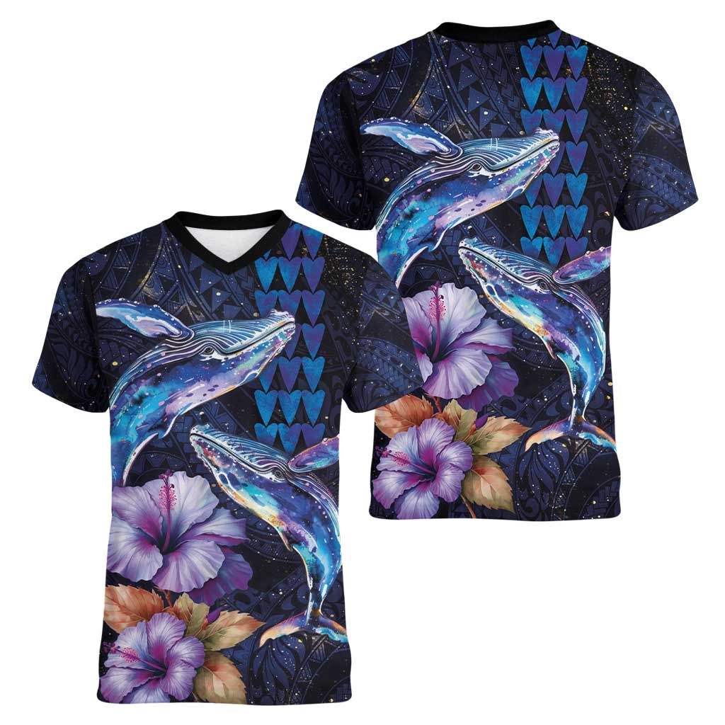 Hawaiian Whales Love Couple Women V-Neck T-Shirt Hibiscus and Kakau Art Tattoo Night Sky Vibe LT03 - Polynesian Pride