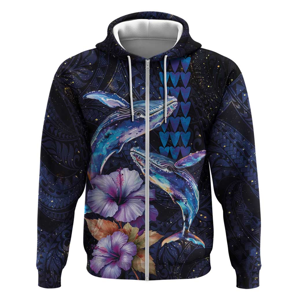 Hawaiian Whales Love Couple Zip Hoodie Hibiscus and Kakau Art Tattoo Night Sky Vibe LT03 Zip Hoodie Navy - Polynesian Pride