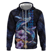 Hawaiian Whales Love Couple Zip Hoodie Hibiscus and Kakau Art Tattoo Night Sky Vibe LT03 Zip Hoodie Navy - Polynesian Pride