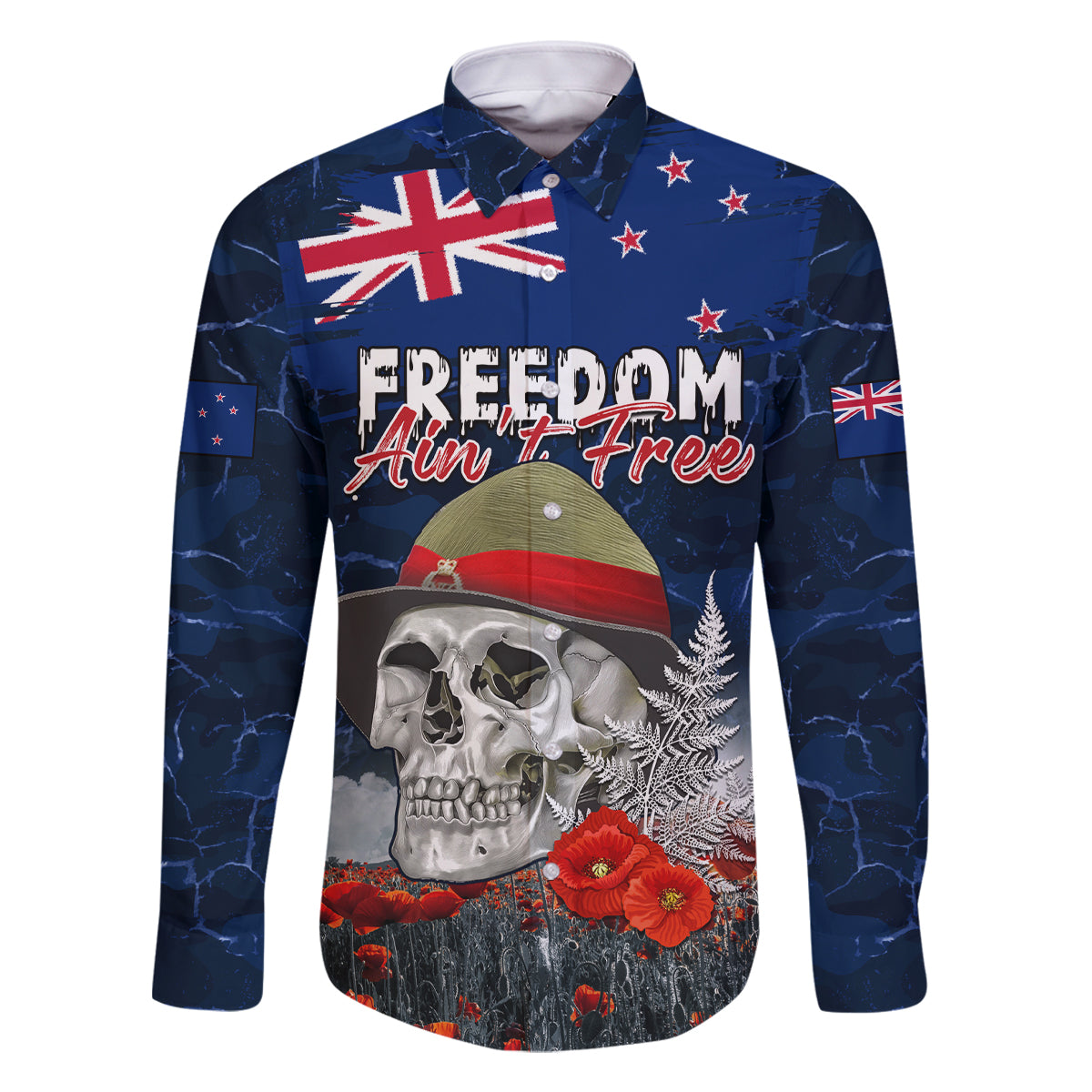 New Zealand ANZAC Day Family Matching Off Shoulder Short Dress and Hawaiian Shirt Freedom Ain't Free LT05 Dad's Shirt - Long Sleeve Blue - Polynesian Pride