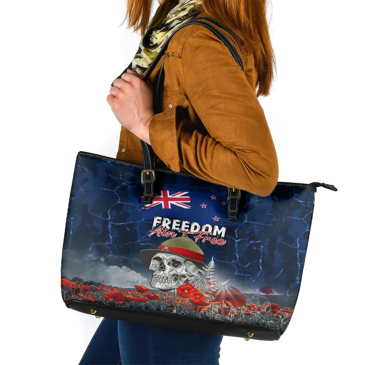 New Zealand ANZAC Day Leather Tote Bag Freedom Ain't Free LT05 Blue - Polynesian Pride