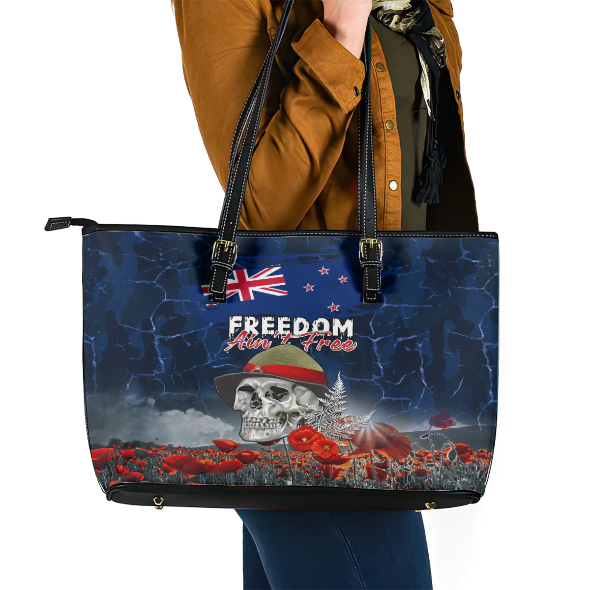 New Zealand ANZAC Day Leather Tote Bag Freedom Ain't Free LT05 - Polynesian Pride