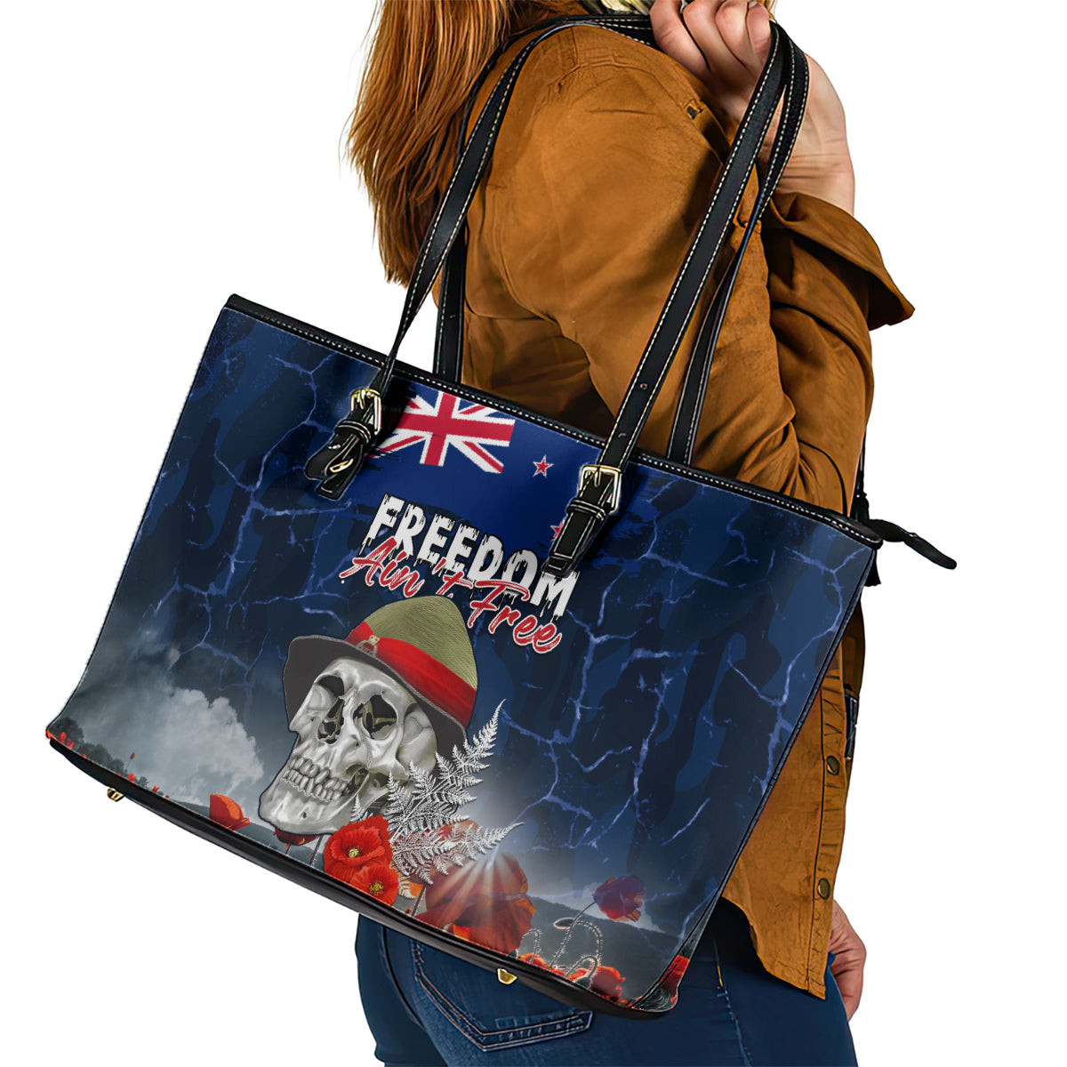 New Zealand ANZAC Day Leather Tote Bag Freedom Ain't Free LT05 - Polynesian Pride
