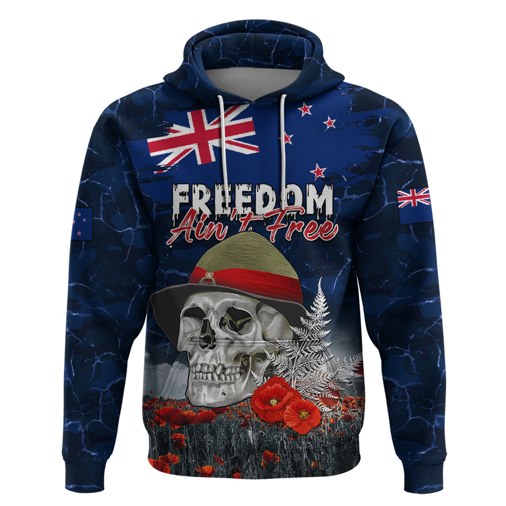 New Zealand ANZAC Day Zip Hoodie Freedom Ain't Free LT05 Pullover Hoodie Blue - Polynesian Pride