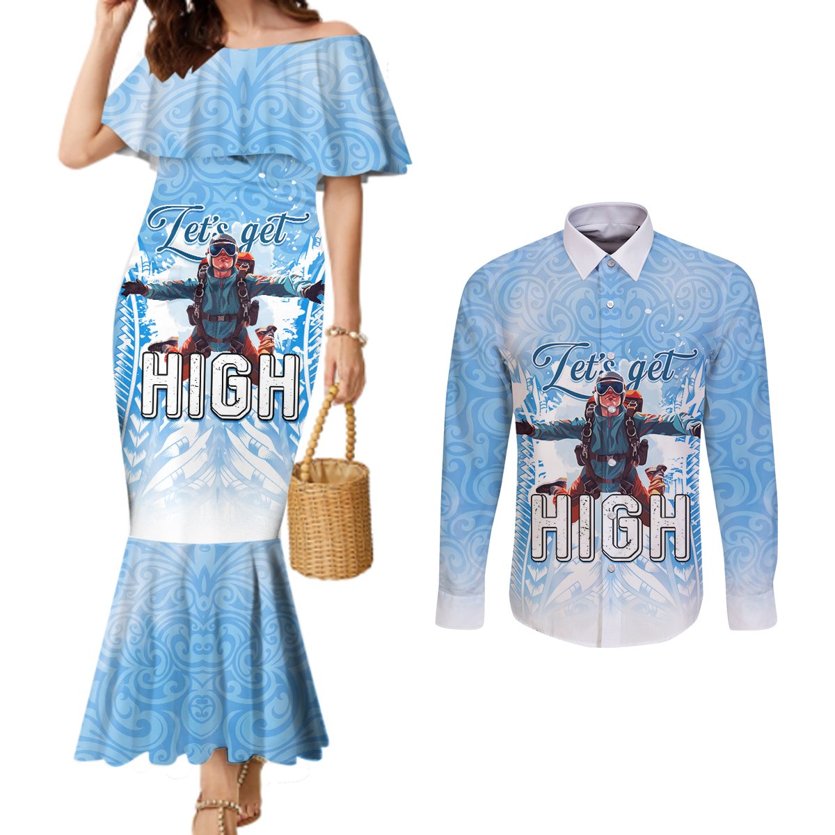 New Zealand Sky Diving Couples Matching Mermaid Dress and Long Sleeve Button Shirt Lets Get High LT05 Blue - Polynesian Pride
