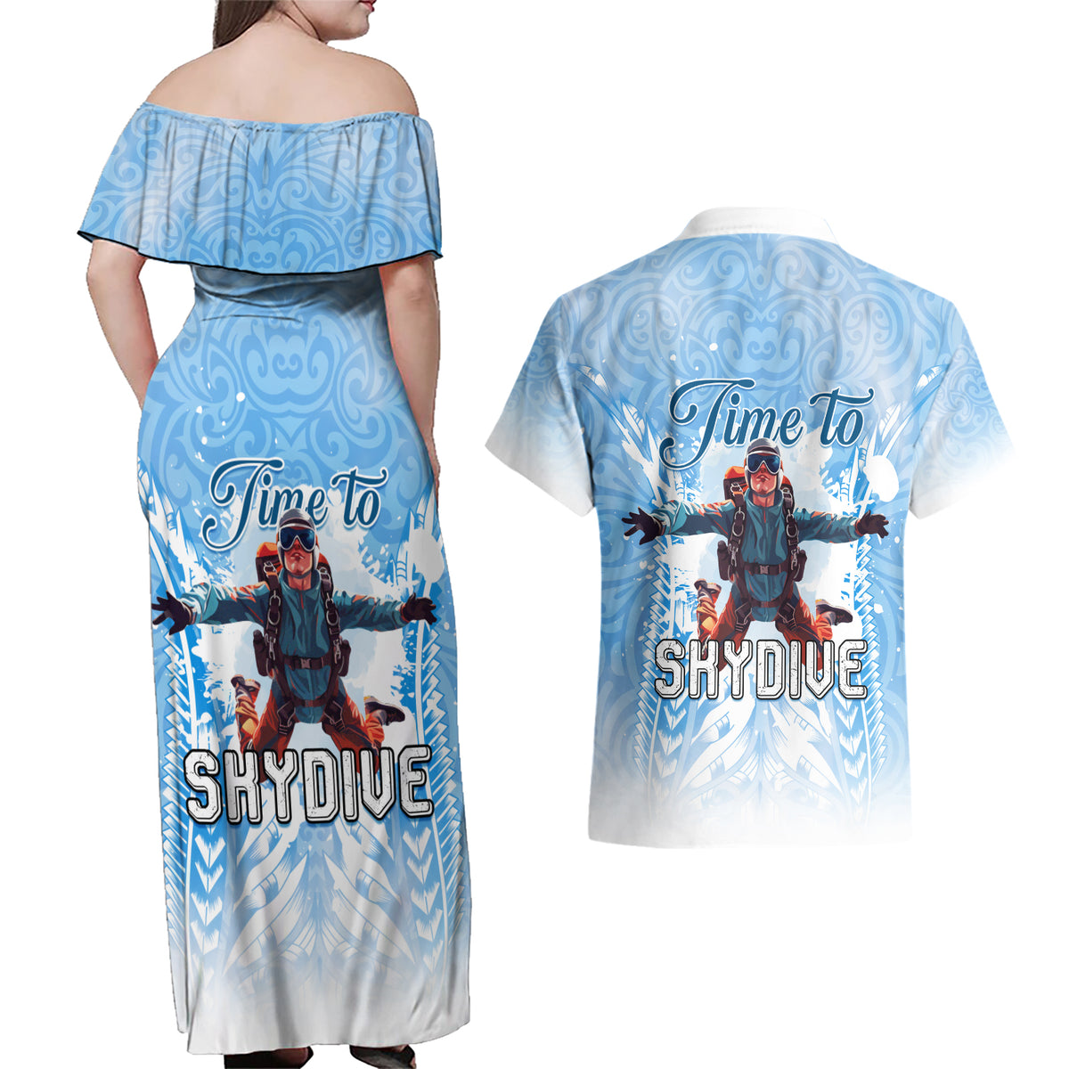 New Zealand Sky Diving Couples Matching Off Shoulder Maxi Dress and Hawaiian Shirt Lets Get High LT05 - Polynesian Pride