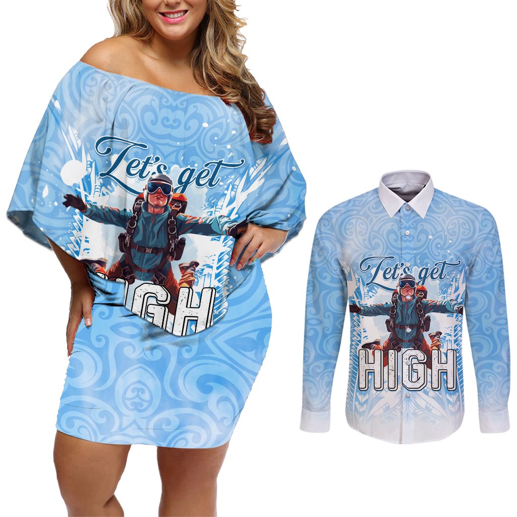 New Zealand Sky Diving Couples Matching Off Shoulder Short Dress and Long Sleeve Button Shirt Lets Get High