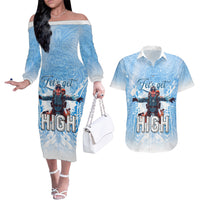New Zealand Sky Diving Couples Matching Off The Shoulder Long Sleeve Dress and Hawaiian Shirt Lets Get High LT05 Blue - Polynesian Pride