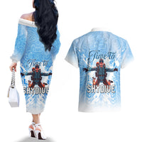 New Zealand Sky Diving Couples Matching Off The Shoulder Long Sleeve Dress and Hawaiian Shirt Lets Get High LT05 - Polynesian Pride