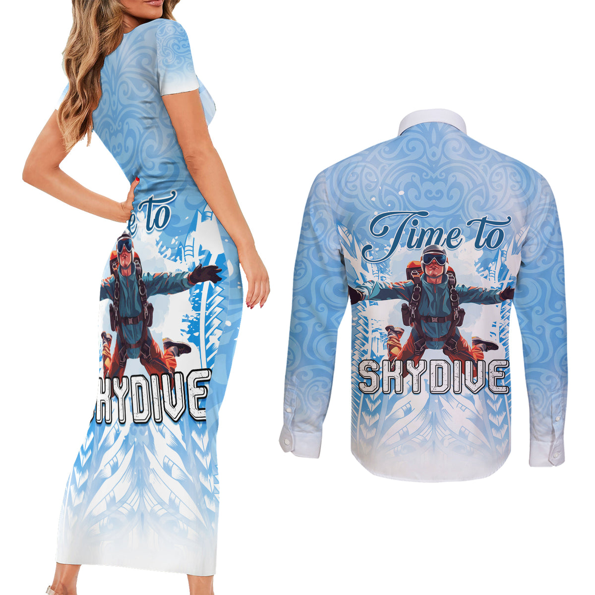 New Zealand Sky Diving Couples Matching Short Sleeve Bodycon Dress and Long Sleeve Button Shirt Lets Get High LT05 - Polynesian Pride