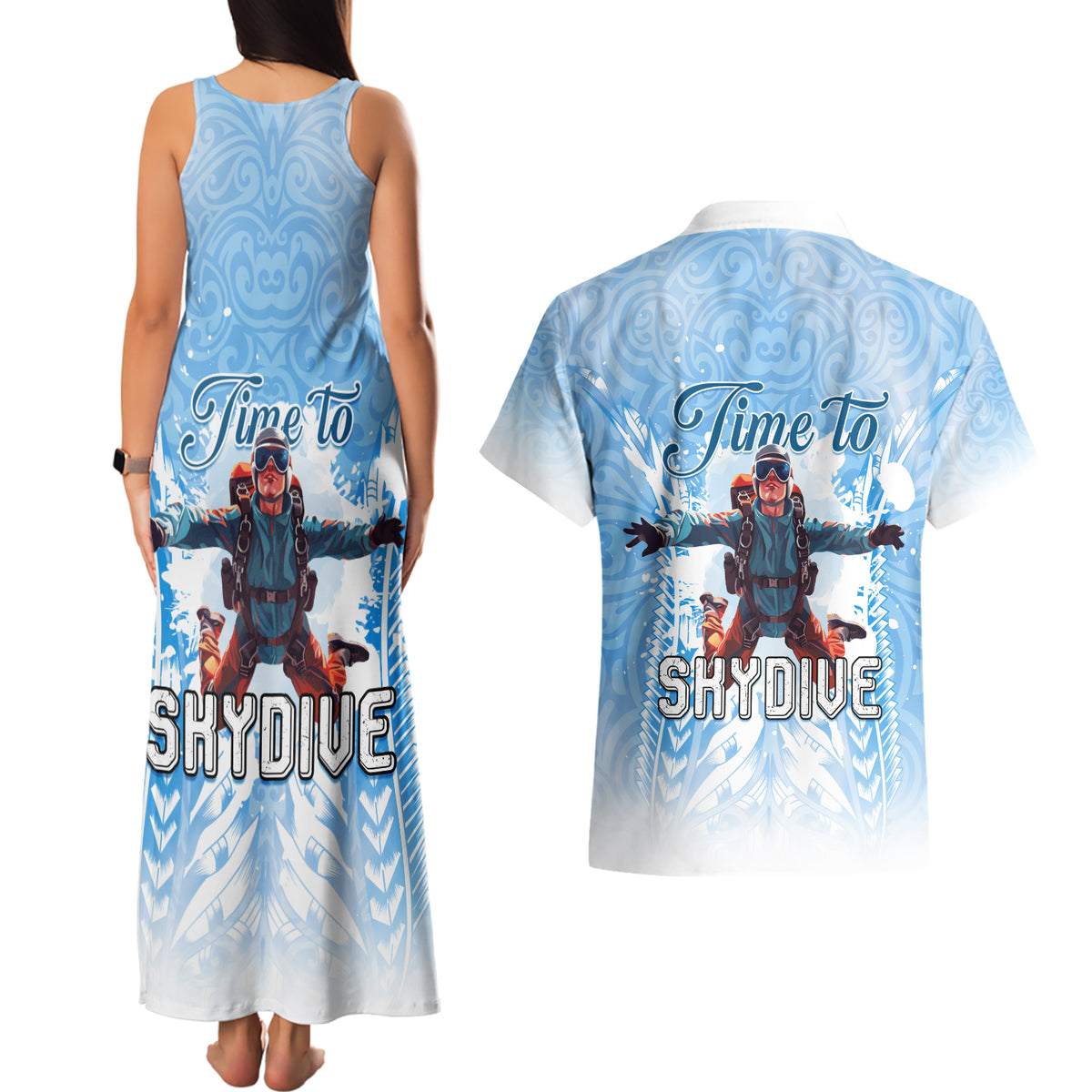 New Zealand Sky Diving Couples Matching Tank Maxi Dress and Hawaiian Shirt Lets Get High LT05 - Polynesian Pride