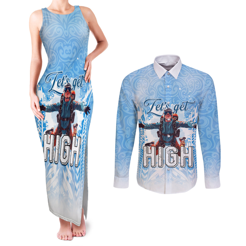 New Zealand Sky Diving Couples Matching Tank Maxi Dress and Long Sleeve Button Shirt Lets Get High LT05 Blue - Polynesian Pride