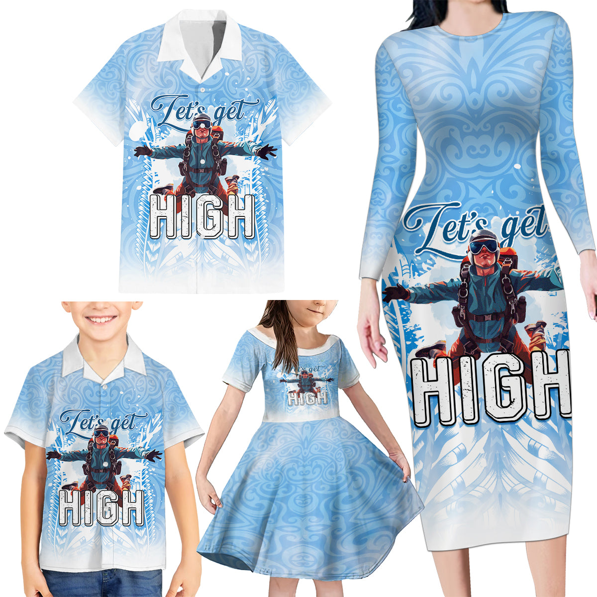 New Zealand Sky Diving Family Matching Long Sleeve Bodycon Dress and Hawaiian Shirt Lets Get High LT05 - Polynesian Pride