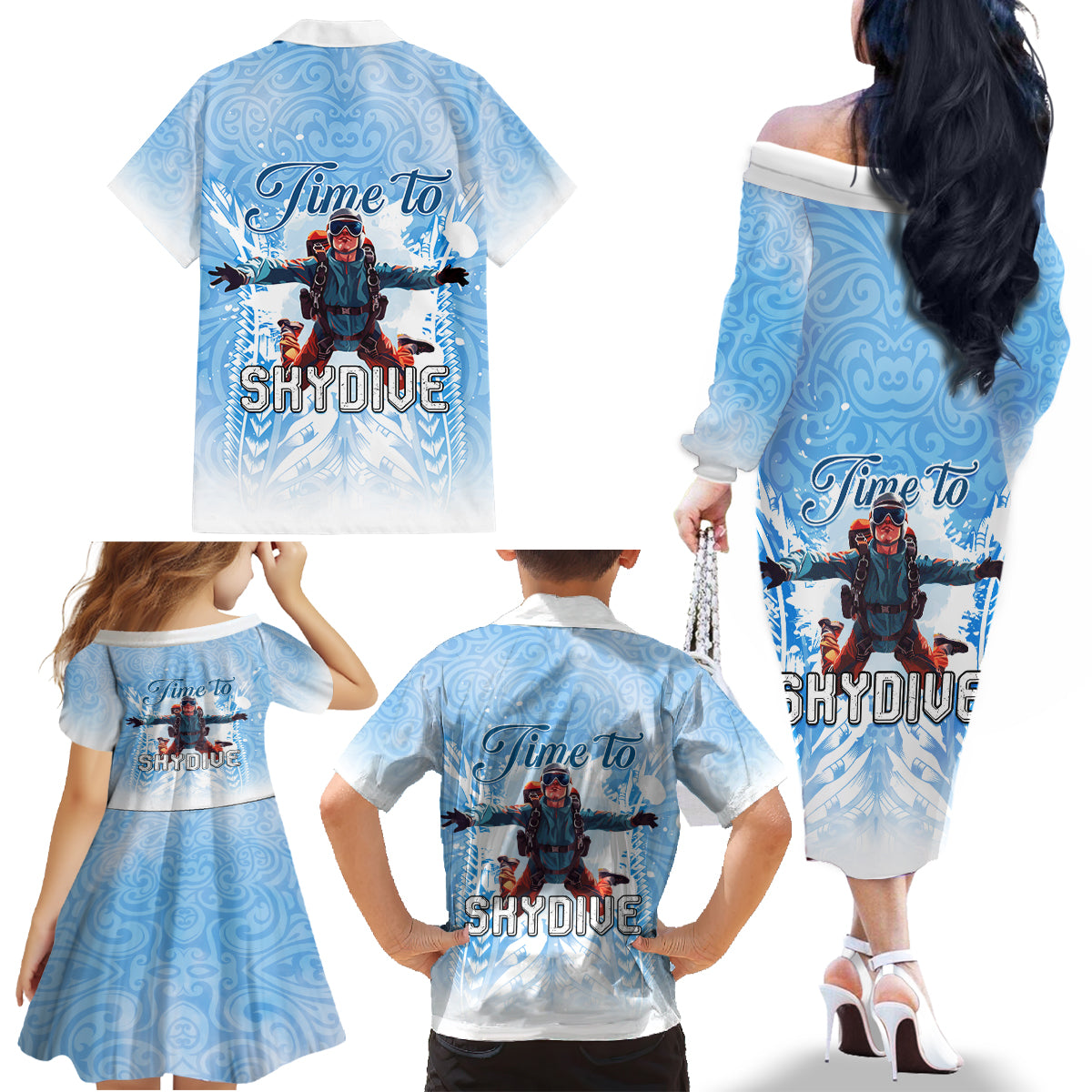 New Zealand Sky Diving Family Matching Off The Shoulder Long Sleeve Dress and Hawaiian Shirt Lets Get High LT05 - Polynesian Pride