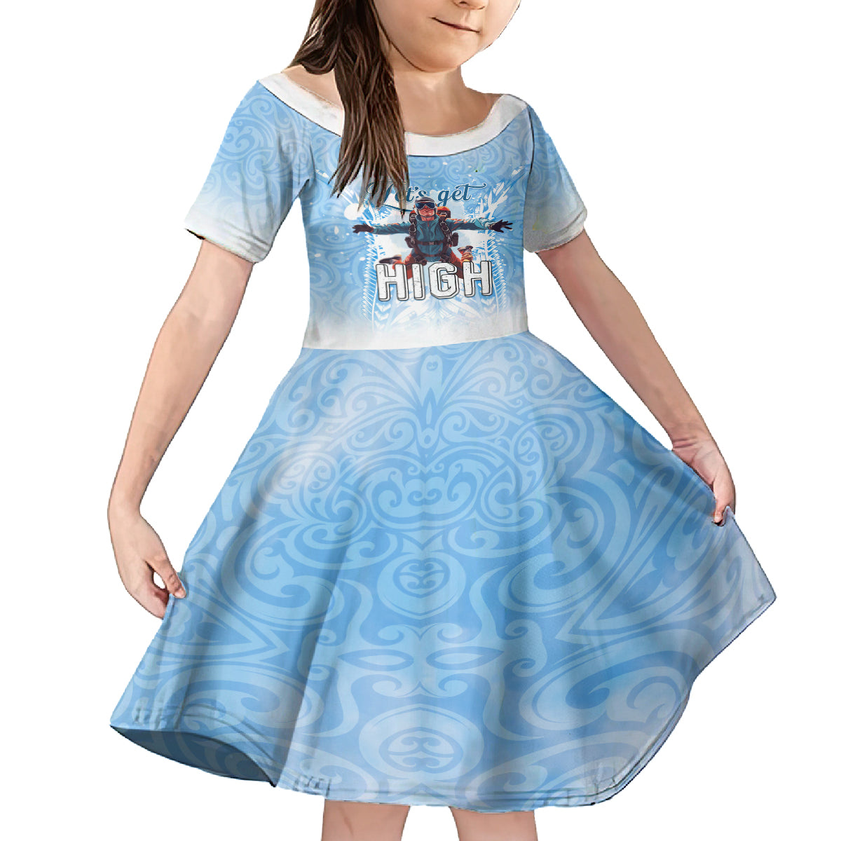 New Zealand Sky Diving Family Matching Off Shoulder Maxi Dress and Hawaiian Shirt Lets Get High LT05 Daughter's Dress Blue - Polynesian Pride