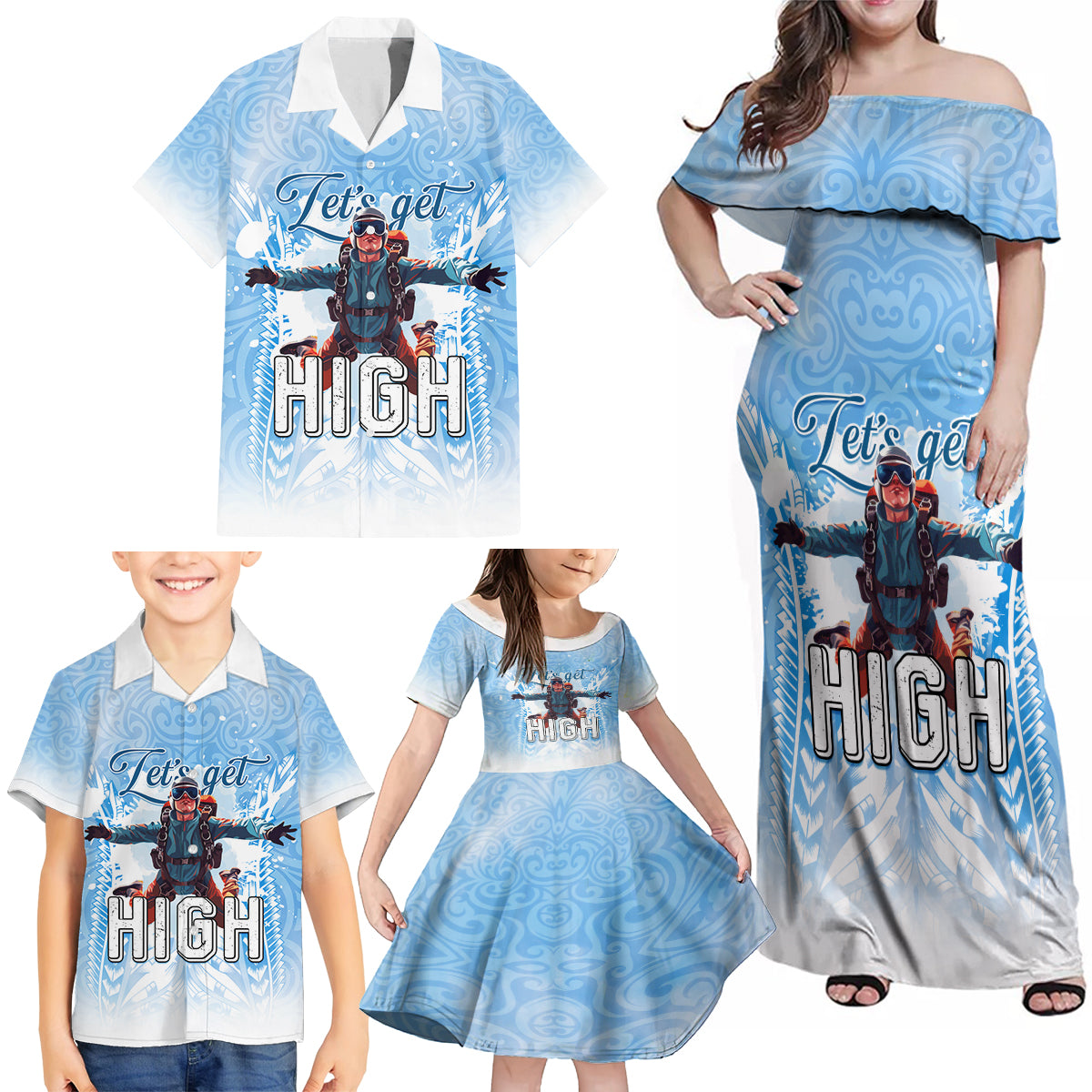 New Zealand Sky Diving Family Matching Off Shoulder Maxi Dress and Hawaiian Shirt Lets Get High LT05 - Polynesian Pride