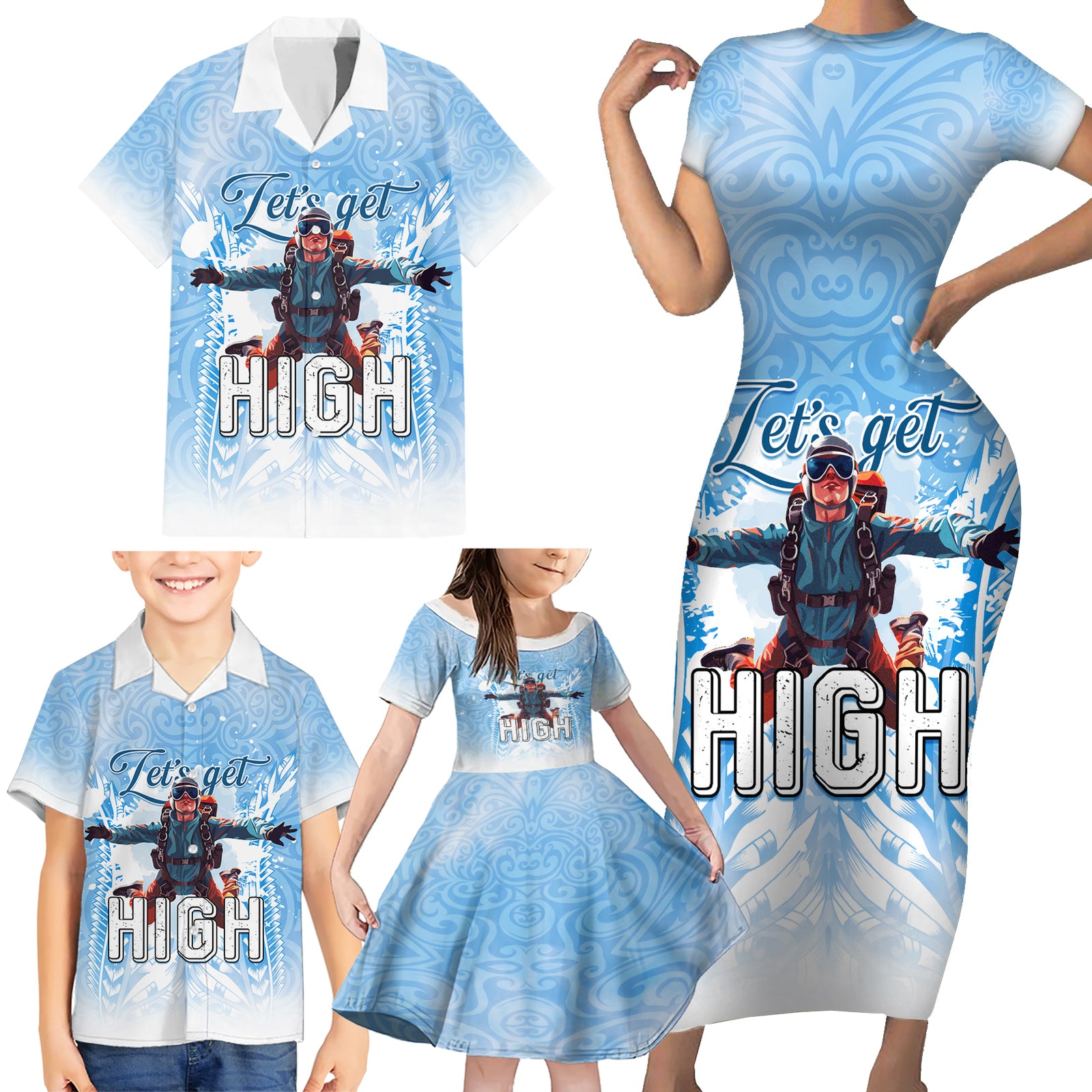 New Zealand Sky Diving Family Matching Short Sleeve Bodycon Dress and Hawaiian Shirt Lets Get High LT05 - Polynesian Pride
