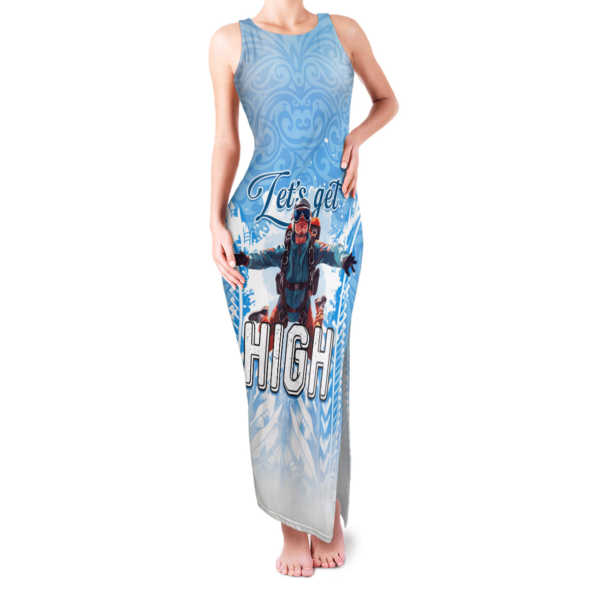 New Zealand Sky Diving Family Matching Tank Maxi Dress and Hawaiian Shirt Lets Get High LT05 Mom's Dress Blue - Polynesian Pride