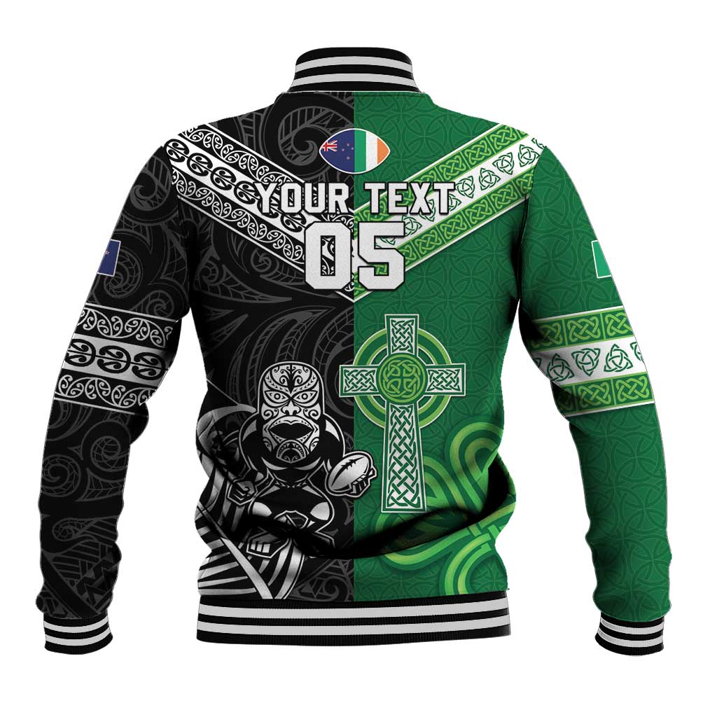 New Zealand And Ireland Rugby Custom Baseball Jacket Maori Tiki With Shamrock