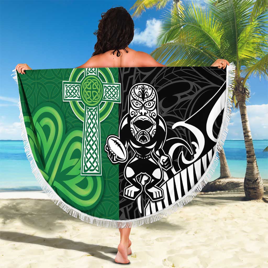 New Zealand And Ireland Rugby Custom Beach Blanket Maori Tiki With Shamrock LT05 - Polynesian Pride