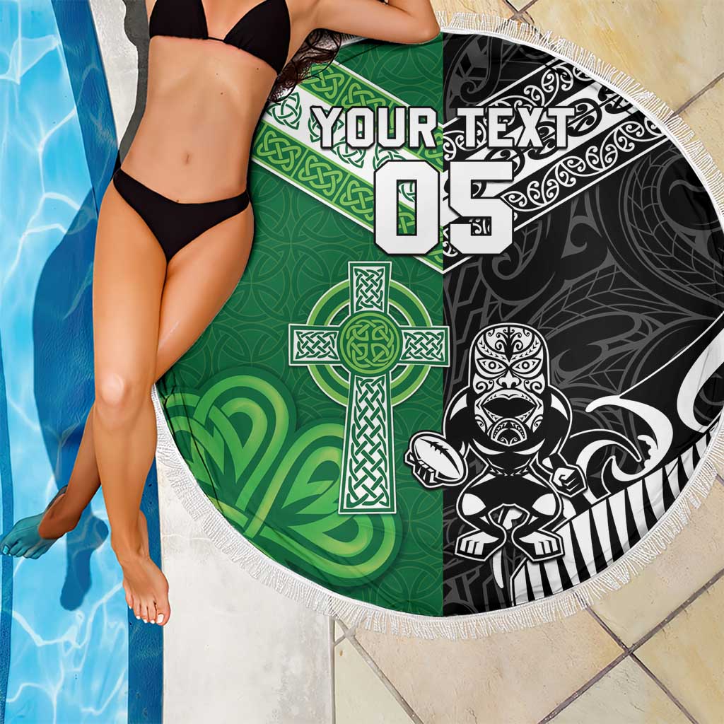 New Zealand And Ireland Rugby Custom Beach Blanket Maori Tiki With Shamrock LT05 - Polynesian Pride