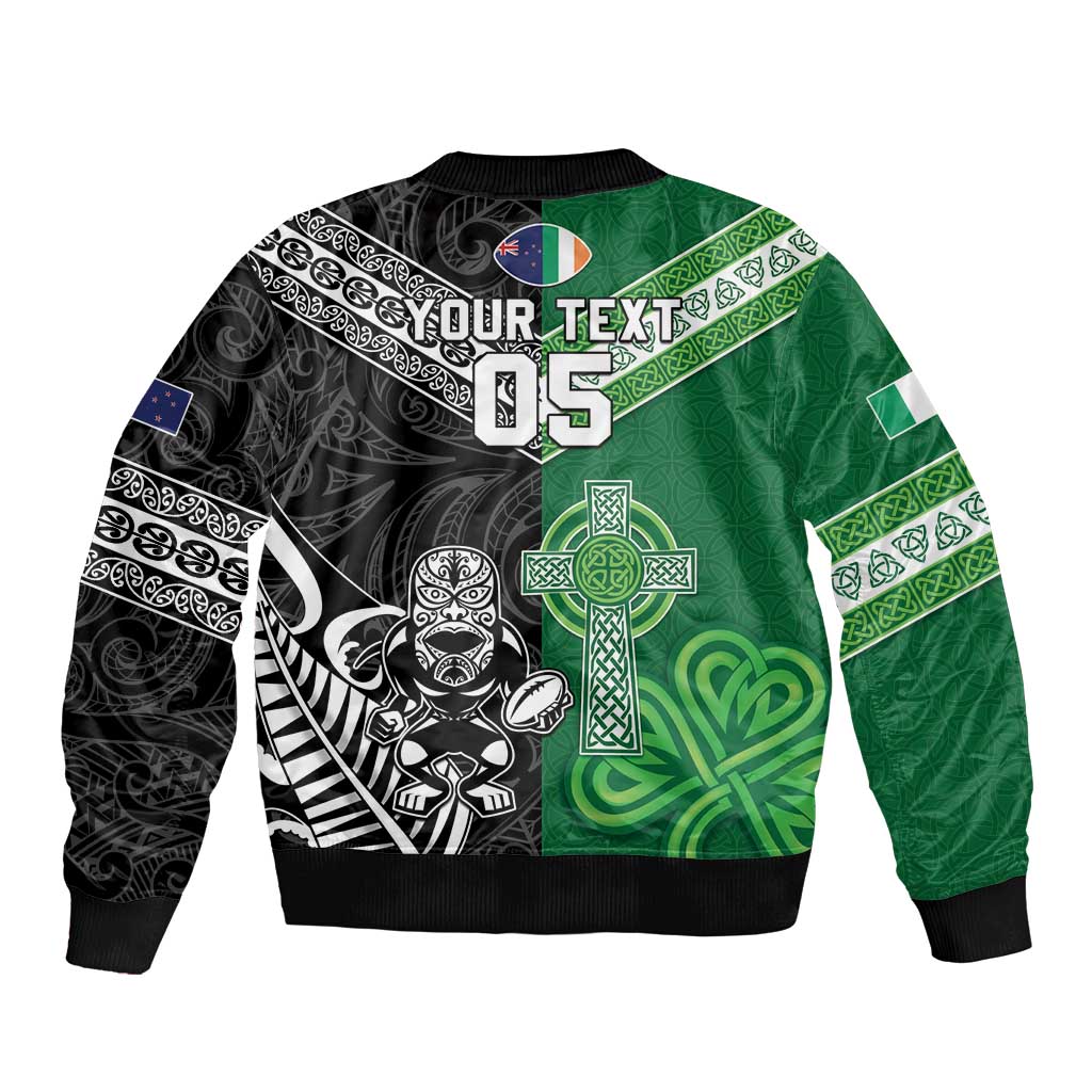New Zealand And Ireland Rugby Custom Bomber Jacket Maori Tiki With Shamrock