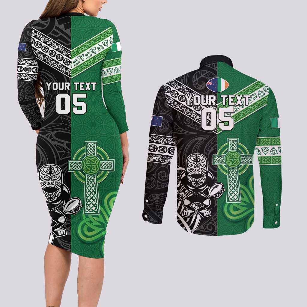 New Zealand And Ireland Rugby Custom Couples Matching Long Sleeve Bodycon Dress and Long Sleeve Button Shirt Maori Tiki With Shamrock