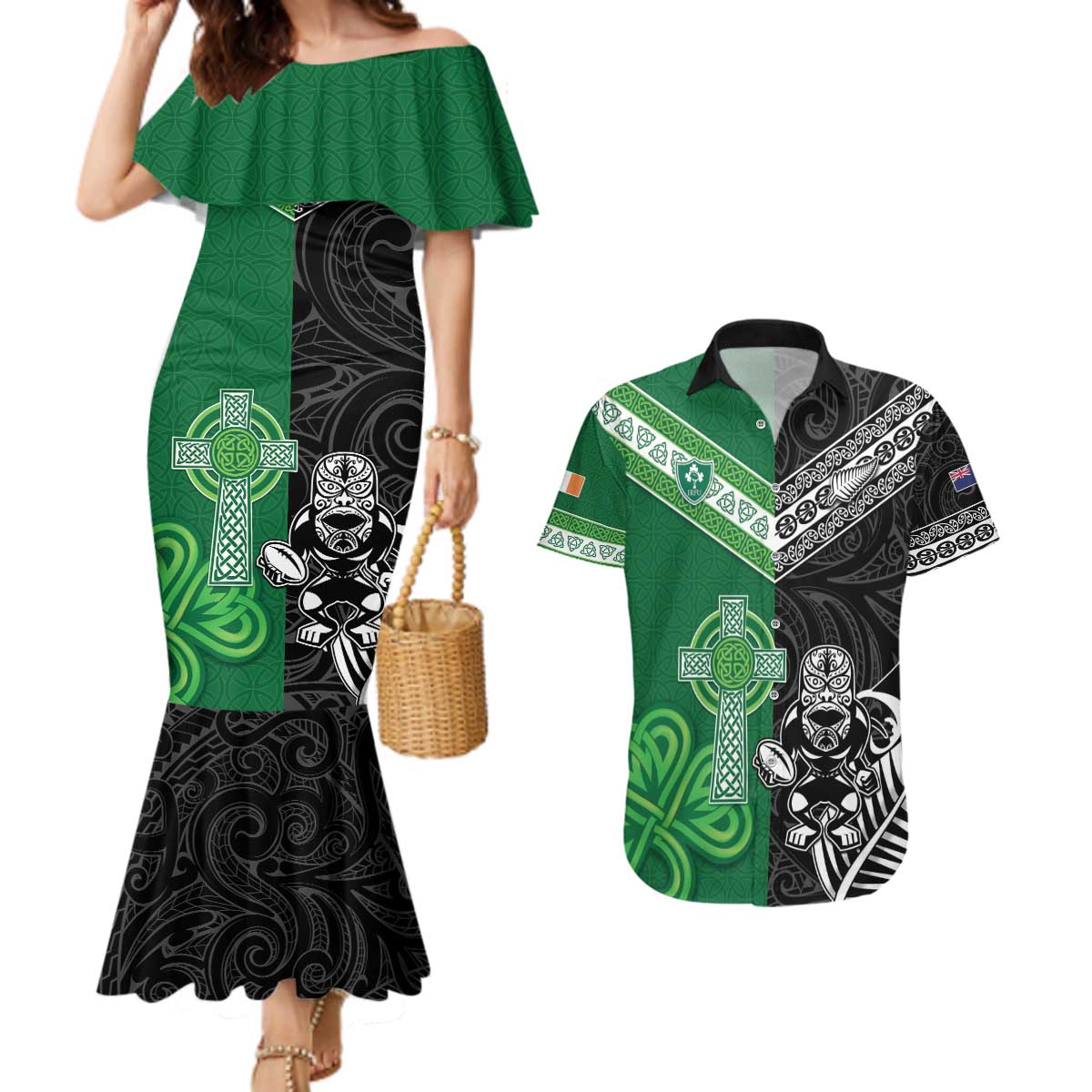New Zealand And Ireland Rugby Custom Couples Matching Mermaid Dress and Hawaiian Shirt Maori Tiki With Shamrock