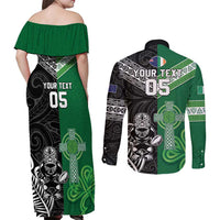 New Zealand And Ireland Rugby Custom Couples Matching Off Shoulder Maxi Dress and Long Sleeve Button Shirt Maori Tiki With Shamrock