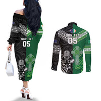New Zealand And Ireland Rugby Custom Couples Matching Off The Shoulder Long Sleeve Dress and Long Sleeve Button Shirt Maori Tiki With Shamrock