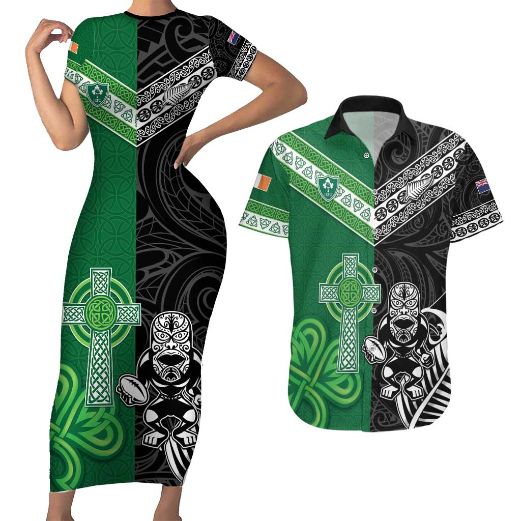 New Zealand And Ireland Rugby Custom Couples Matching Short Sleeve Bodycon Dress and Hawaiian Shirt Maori Tiki With Shamrock