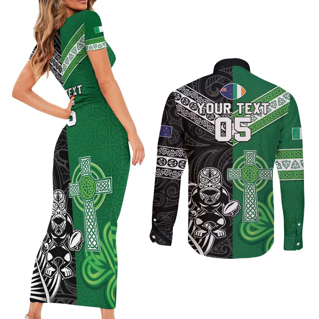 New Zealand And Ireland Rugby Custom Couples Matching Short Sleeve Bodycon Dress and Long Sleeve Button Shirt Maori Tiki With Shamrock