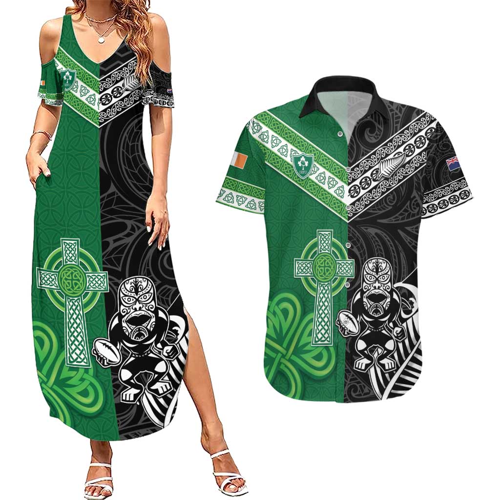 New Zealand And Ireland Rugby Custom Couples Matching Summer Maxi Dress and Hawaiian Shirt Maori Tiki With Shamrock