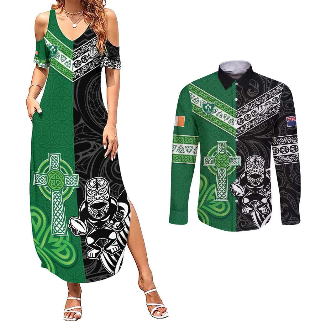 New Zealand And Ireland Rugby Custom Couples Matching Summer Maxi Dress and Long Sleeve Button Shirt Maori Tiki With Shamrock