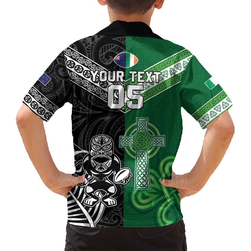 New Zealand And Ireland Rugby Custom Family Matching Long Sleeve Bodycon Dress and Hawaiian Shirt Maori Tiki With Shamrock
