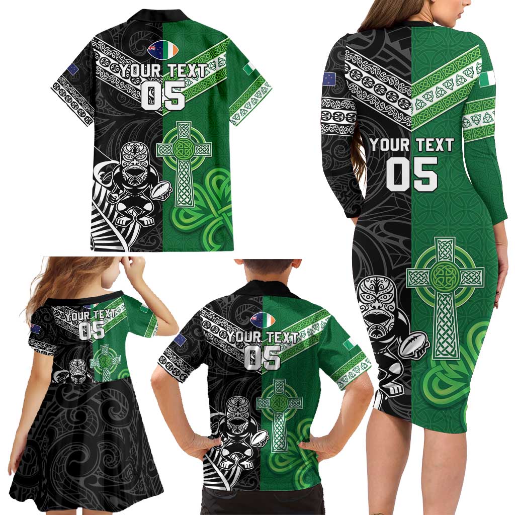 New Zealand And Ireland Rugby Custom Family Matching Long Sleeve Bodycon Dress and Hawaiian Shirt Maori Tiki With Shamrock