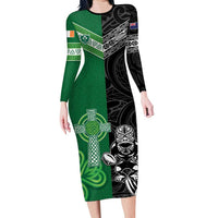 New Zealand And Ireland Rugby Custom Family Matching Long Sleeve Bodycon Dress and Hawaiian Shirt Maori Tiki With Shamrock