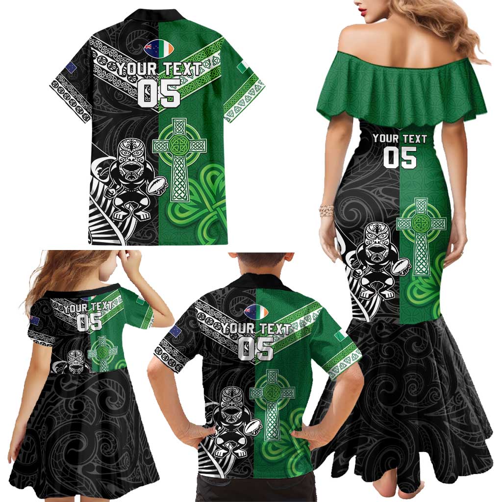 New Zealand And Ireland Rugby Custom Family Matching Mermaid Dress and Hawaiian Shirt Maori Tiki With Shamrock LT05 - Polynesian Pride