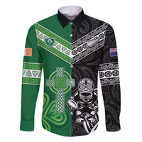 New Zealand And Ireland Rugby Custom Family Matching Mermaid Dress and Hawaiian Shirt Maori Tiki With Shamrock LT05 Dad's Shirt - Long Sleeve Black - Polynesian Pride