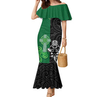 New Zealand And Ireland Rugby Custom Family Matching Mermaid Dress and Hawaiian Shirt Maori Tiki With Shamrock LT05 Mom's Dress Black - Polynesian Pride