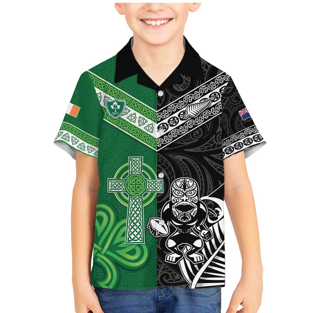 New Zealand And Ireland Rugby Custom Family Matching Mermaid Dress and Hawaiian Shirt Maori Tiki With Shamrock LT05 Son's Shirt Black - Polynesian Pride