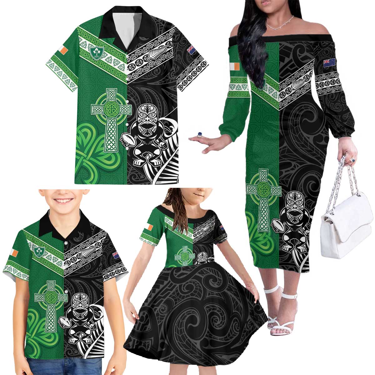 New Zealand And Ireland Rugby Custom Family Matching Off The Shoulder Long Sleeve Dress and Hawaiian Shirt Maori Tiki With Shamrock
