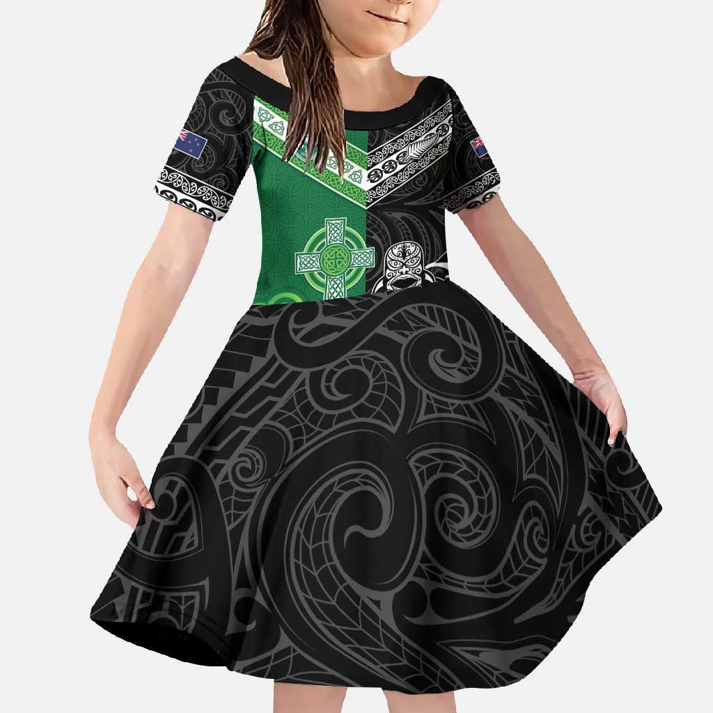 New Zealand And Ireland Rugby Custom Family Matching Off Shoulder Maxi Dress and Hawaiian Shirt Maori Tiki With Shamrock LT05 Daughter's Dress Black - Polynesian Pride