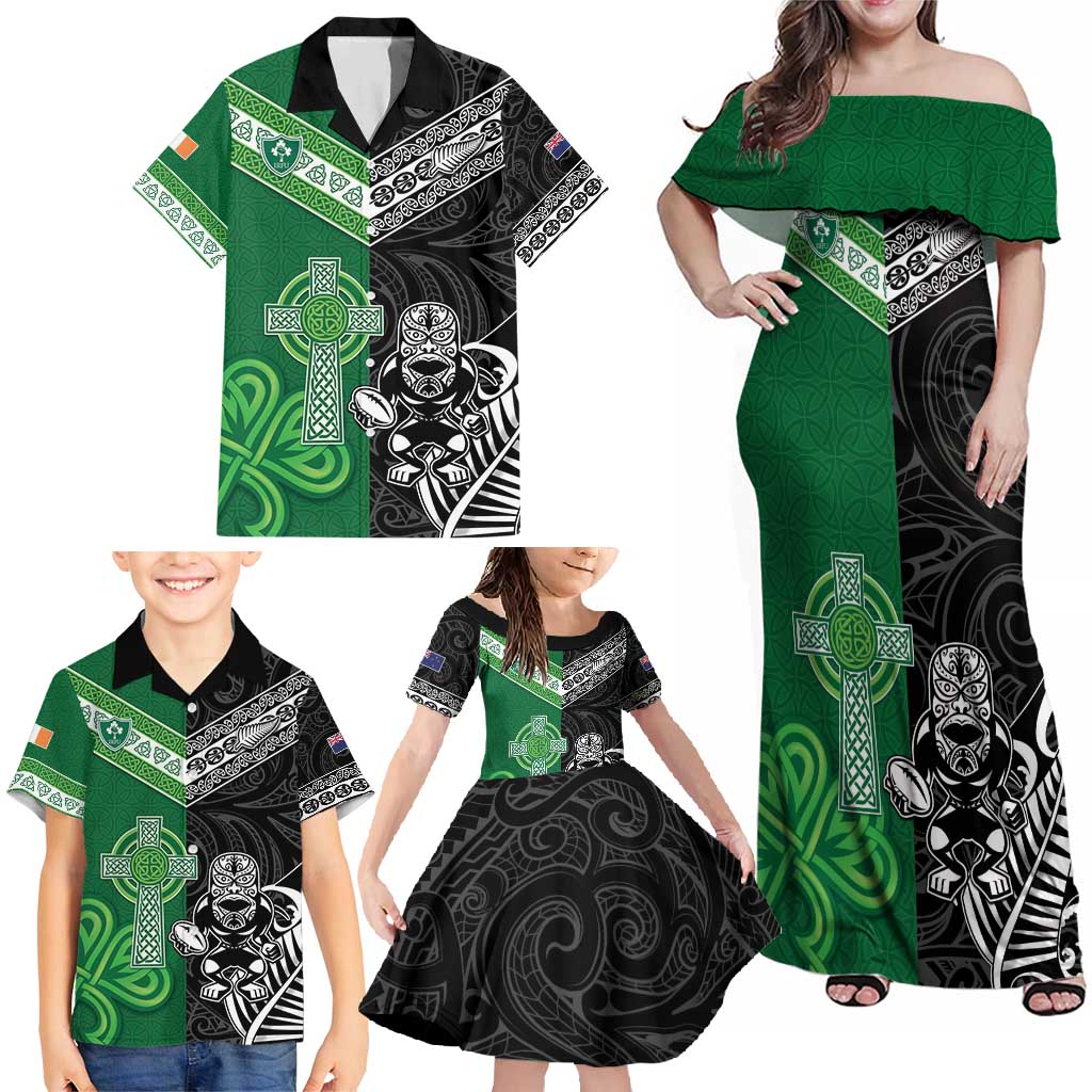 New Zealand And Ireland Rugby Custom Family Matching Off Shoulder Maxi Dress and Hawaiian Shirt Maori Tiki With Shamrock LT05 - Polynesian Pride